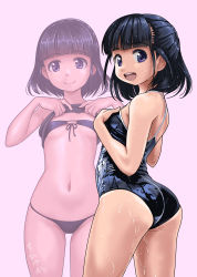 Rule 34 | 1girl, artist name, ass, bikini, black bikini, black eyes, black hair, black one-piece swimsuit, blunt bangs, clothes lift, commentary request, competition school swimsuit, cowboy shot, flat chest, front-tie top, half updo, highres, looking at viewer, multiple views, navel, one-piece swimsuit, open mouth, original, rohitsuka, round teeth, school swimsuit, shirt lift, short hair, smile, swimsuit, teeth, upper teeth only, wet, wet clothes, wet swimsuit