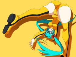 Rule 34 | 1girl, aqua eyes, aqua hair, ass, bad id, bad pixiv id, bodysuit, boots, bruce lee&#039;s jumpsuit, hatsune miku, highres, kotomuke fuurin, leotard, long hair, simple background, smile, solo, spread legs, thigh boots, thighhighs, thighs, twintails, upside-down, very long hair, vocaloid