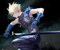 Rule 34 | 1boy, armor, bandaged arm, bandages, bare shoulders, black gloves, blonde hair, blue eyes, blue gloves, closed mouth, cloud strife, cofffee, dust, dust cloud, earrings, final fantasy, final fantasy vii, frown, gloves, holding, holding sword, holding weapon, jewelry, male focus, pauldrons, screw, serious, shoulder armor, single bare shoulder, single earring, single pauldron, solo, spiked hair, square enix, stud earrings, sword, vambraces, weapon