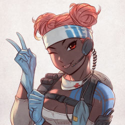 Rule 34 | 1girl, ;p, animification, apex legends, backlighting, backpack, bag, blue gloves, breasts, cleavage, coiled cord, commentary, dark-skinned female, dark skin, double bun, elbow pads, english commentary, glove pull, gloves, hair bun, headband, headset, lifeline (apex legends), looking at viewer, mask, mask around neck, medic, medium breasts, mouth mask, nana nakano, one eye closed, pink hair, red eyes, rubber gloves, short hair, shoulder tattoo, solo, surgical mask, tattoo, tongue, tongue out, upper body, v, very dark skin