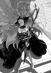 Rule 34 | 1girl, bare legs, bare shoulders, barefoot, breasts, detached collar, detached sleeves, dungeon meshi, ear covers, edo mond (edoedoedomond), elf, feathered wings, floating hair, from above, greyscale, highres, holding, holding staff, hood, hood up, legs apart, long hair, looking at another, looking away, looking to the side, marcille donato, marcille donato (lord), medium breasts, monochrome, pointy ears, scared, spoilers, staff, standing, symbol-shaped pupils, winged lion (dungeon meshi), wings