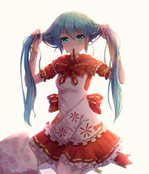 Rule 34 | 1girl, backlighting, blue eyes, blue hair, bow, byakuya reki, cosplay, hatsune miku, holding, holding hair, little red riding hood, little red riding hood (grimm), little red riding hood (grimm) (cosplay), long hair, looking at viewer, matching hair/eyes, md5 mismatch, mikuzukin (module), mouth hold, project diva (series), puffy sleeves, revision, ribbon, ribbon in mouth, shirt, simple background, sitting, skirt, solo, twintails, very long hair, vocaloid, wariza