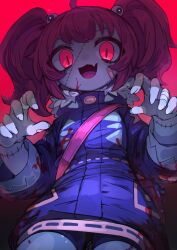 Rule 34 | 1girl, bag, bandaged fingers, bandages, bandaid, bandaid on face, blood, blood on clothes, blood on face, claw pose, cowlick, fang, gradient background, highres, ketopon, long hair, long sleeves, looking at viewer, open mouth, original, parka, pink bag, pink eyes, red background, red hair, shoulder strap, sidelocks, skin fang, slit pupils, solo, stitched face, stitched hand, stitches, twintails, zombie