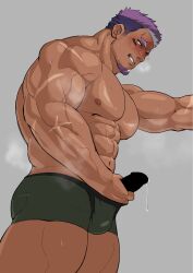 Rule 34 | 1boy, abs, bara, blank censor, blush, bulge, censored, clenched teeth, covered testicles, dark-skinned male, dark skin, erection, erection under clothes, facial hair, from below, from side, goatee, highres, kansuke (kansuke 717), large pectorals, live a hero, male focus, male masturbation, masturbation, mature male, medium sideburns, muscular, muscular male, nipples, outstretched arm, pectorals, precum, profile, purple hair, scar, shaft (live a hero), short hair, sideburns stubble, solo, steaming body, strongman waist, stubble, sweat, teeth, thick eyebrows, very sweaty