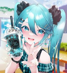 Rule 34 | 1055, 1girl, :d, absurdres, bare shoulders, black bow, blue eyes, blue hair, blue shirt, blurry, blurry background, blush, bow, collarbone, commentary, cup, depth of field, disposable cup, earrings, eyebrows hidden by hair, food-themed earrings, hair between eyes, hair bow, hair ornament, hairclip, hands up, hatsune miku, highres, holding, holding cup, jewelry, lace, lace-trimmed shirt, lace trim, long hair, looking at viewer, nail art, off-shoulder shirt, off shoulder, open mouth, plaid, plaid shirt, revision, ring, shirt, smile, solo, teeth, twintails, upper teeth only, vocaloid, white bow