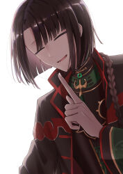 Rule 34 | 1boy, absurdres, black coat, black hair, braid, braided ponytail, changpao, chinese clothes, closed eyes, coat, curtained hair, fate/grand order, fate (series), gold trim, high collar, highres, index finger raised, jewelry, long hair, long sleeves, looking at viewer, male focus, open mouth, red trim, shirt, simple background, smile, solo, tai gong wang (fate), upper body, waonwaon2121, white background