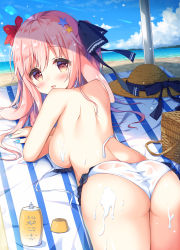 Rule 34 | 1girl, animal ears, ass, back, bare arms, bare shoulders, basket, beach, bikini, black bow, blue bow, blue nails, blush, bow, breasts, brown hat, commentary request, commission, day, flower, hair between eyes, hair bow, hair flower, hair ornament, hat, hat bow, highres, horizon, long hair, looking at viewer, looking back, lying, medium breasts, nail polish, ocean, on stomach, original, outdoors, parted lips, pink hair, rabbit ears, red eyes, red flower, sand, satsuki yukimi, skeb commission, solo, star (symbol), star hair ornament, sun hat, swimsuit, unworn hat, unworn headwear, water, white bikini
