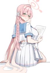 Rule 34 | 0-toki, 1girl, ahoge, blue archive, blue sailor collar, blush, bow, bra, breasts, cleavage, from behind, green eyes, hair between eyes, hair bow, halo, hanako (blue archive), highres, holding, holding paper, large breasts, long hair, paper, pink hair, pleated skirt, sailor collar, school uniform, serafuku, shirt, simple background, skirt, smile, solo, underwear, very long hair, white background, white bow, white shirt, white skirt