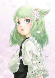 10s 1girl animal_ears bell blue_eyes cat_ears cherry_blossoms eyelashes female_focus final_fantasy final_fantasy_xiv flower green_hair hair_flower hair_ornament highres jingle_bell lips looking_to_the_side miqo&#039;te morere petals puffy_short_sleeves puffy_sleeves short_sleeves signature simple_background sketch solo underbust upper_body warrior_of_light_(ff14) white_background