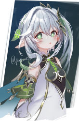 Rule 34 | absurdres, cape, child, cross-shaped pupils, detached sleeves, dress, genshin impact, gradient hair, green cape, green eyes, green hair, hair ornament, highres, leaf hair ornament, long hair, looking at viewer, multicolored hair, nahida (genshin impact), open mouth, pointy ears, pottsness, side ponytail, symbol-shaped pupils, white dress, white hair