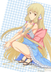 Rule 34 | 00s, 1girl, :o, ahoge, bare shoulders, blonde hair, blush, bow, brown eyes, checkered background, chii, chobits, dress, full body, hair ornament, hair tubes, high heels, long hair, looking at viewer, muffin (sirumeria), off shoulder, open mouth, open shoes, plaid, plaid background, robot ears, shiny skin, shoes, simple background, solo, squatting, stiletto heels, toeless footwear, twintails, very long hair