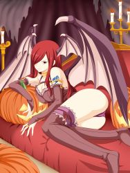 Rule 34 | 1girl, absurdres, armlet, ass, bare shoulders, breasts, bridal gauntlets, candle, cleavage, couch, demon girl, demon wings, erza scarlet, fairy tail, hair over one eye, halloween, head wings, highres, jack-o&#039;-lantern, large breasts, long hair, looking at viewer, lying, on side, panties, planeptune, red hair, red upholstery, smile, solo, demon girl, tattoo, thighhighs, underwear, wings