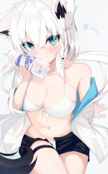 1girl absurdres animal_ear_piercing animal_ears aqua_eyes bikini black_shorts blush bottle bottle_to_cheek braid breasts cleavage closed_mouth commentary cowboy_shot fox_ears fox_girl fox_tail hair_between_eyes highres holding holding_bottle hololive jacket large_breasts long_hair looking_at_viewer miaruri open_clothes open_jacket shirakami_fubuki shorts side_braid simple_background single_bare_shoulder smile solo swimsuit tail virtual_youtuber white_background white_bikini white_hair white_jacket