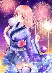 Rule 34 | 1girl, adapted costume, alternate hair length, alternate hairstyle, bad id, bad pixiv id, ball, blue kimono, blush, breasts, colored eyelashes, cotton candy, eating, fireworks, floral print, flower, frilled kimono, frills, gradient background, hair between eyes, hand up, japanese clothes, kimono, long hair, long sleeves, looking at viewer, medium breasts, night, night sky, no headwear, obi, orange background, patterned background, pink eyes, purple background, revision, ribbon, ribbon-trimmed legwear, ribbon trim, saigyouji yuyuko, sash, see-through, shanghai bisu, short kimono, sky, solo, space, sparkle, star (sky), starry sky, thighhighs, thighs, touhou, white thighhighs, wide sleeves, yellow background