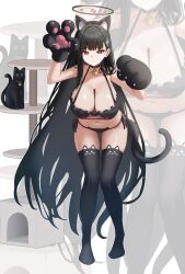 Rule 34 | 1girl, absurdres, alternate costume, animal ears, animal hands, arched back, bare shoulders, bell, black bra, black cat, black halo, black panties, black thighhighs, blue archive, bra, breasts, cat, cat ear panties, cat ears, cat house, cat lingerie, cat tail, full body, gloves, hair ornament, halo, hanging breasts, highres, hime cut, huge breasts, long hair, meme attire, mijikayo, navel, neck bell, no shoes, panties, paw gloves, red eyes, rio (blue archive), stomach, tail, thighhighs, thighs, underwear, very long hair, white background, zoom layer