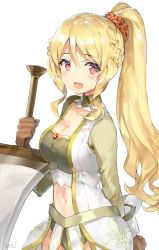 Rule 34 | 1girl, :d, arm behind back, artist name, blonde hair, braid, breasts, brown gloves, cleavage, cowboy shot, dated, fleur-de-lis, gloves, hair between eyes, hair ornament, hair scrunchie, highres, holding, holding sword, holding weapon, long hair, looking at viewer, magia record: mahou shoujo madoka magica gaiden, mahou shoujo madoka magica, medium breasts, momoko (momopoco), navel, open mouth, ponytail, red eyes, scrunchie, sidelocks, signature, simple background, smile, solo, sword, togame momoko, weapon, white background