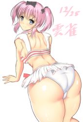 Rule 34 | + +, 10s, 1girl, adapted costume, all fours, ass, back, bare shoulders, bent over, bikini, black bow, black ribbon, blue eyes, blush, bow, bra, breasts, character name, closed mouth, curvy, dated, from behind, hair bow, hair ribbon, hibari (senran kagura), huge ass, looking at viewer, looking back, medium breasts, miniskirt, noeomi, panties, pink hair, ribbon, senran kagura, shiny skin, short hair, short twintails, sideboob, skirt, smile, solo, star-shaped pupils, star (symbol), striped bikini, striped bra, striped clothes, swimsuit, symbol-shaped pupils, thick thighs, thighs, twintails, underwear, upskirt, white background, white skirt, wide hips