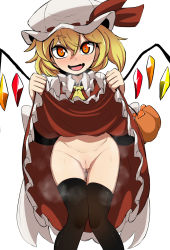 Rule 34 | 1girl, black thighhighs, blouse, blush, cameltoe, clothes lift, collared shirt, epic armageddon, flandre scarlet, hair between eyes, hat, highres, lifting own clothes, looking at viewer, mob cap, navel, open mouth, pussy, shirt, skirt, skirt lift, smile, solo, thighhighs, touhou, white hat, white shirt