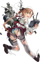 Rule 34 | 10s, 1girl, akigumo (kancolle), black ribbon, blue panties, brown hair, fujikawa, full body, green eyes, grey pantyhose, gun, hair ribbon, holding, holding gun, holding weapon, kantai collection, long hair, looking at viewer, mole, mole under eye, official art, one eye closed, panties, pantyhose, ribbon, shirt, side ponytail, solo, torn clothes, torn pantyhose, torn shirt, transparent background, underwear, weapon