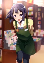 Rule 34 | 1girl, :d, absurdres, apron, badge, black hair, blush, bookshelf, buttons, collared shirt, commentary request, eyelashes, green apron, highres, indoors, leaning forward, looking at viewer, medium hair, open mouth, original, pink eyes, pon yui, shirt, smile, solo, standing, tongue, white shirt