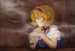 Rule 34 | 1girl, absurdres, alcohol, alice margatroid, blonde hair, blue dress, breasts, brown background, capelet, cigarette, cookie (touhou), cup, dress, frilled capelet, frilled hairband, frills, hair between eyes, hair over eyes, hairband, highres, holding, holding cup, jigen (cookie), manatsu no yo no inmu, medium breasts, meme, miazuma sarin, necktie, open mouth, red hairband, red necktie, short hair, smoke, smoking, solo, third-party source, touhou, upper body, when you see it, white capelet, yajuu no gankou (meme), yajuu senpai