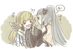 Rule 34 | 2girls, bad id, bad twitter id, black gloves, blonde hair, braid, crown braid, earrings, eir (fire emblem), fire emblem, fire emblem heroes, gloves, green eyes, grey hair, hands on another&#039;s face, jewelry, long sleeves, multiple girls, murabito ba, nintendo, open mouth, ponytail, sharena (fire emblem), signature, wide sleeves