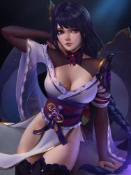 Rule 34 | 1girl, absurdres, breasts, bridal gauntlets, cleavage, genshin impact, hair ornament, highres, japanese clothes, kimono, large breasts, long hair, looking away, looking to the side, n firenze, patreon username, purple eyes, purple hair, purple kimono, raiden shogun, shrug (clothing), sitting, thighhighs, vision (genshin impact)