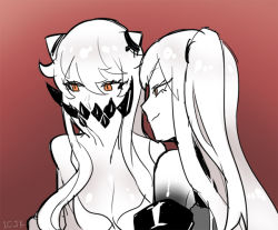 Rule 34 | 10s, 2girls, abyssal ship, aircraft carrier oni, bare shoulders, breasts, cleavage, fig (lchijiku), horns, kantai collection, large breasts, long hair, looking at another, midway princess, monochrome, multiple girls, one side up, orange eyes, side ponytail, smile, spikes, upper body, white hair
