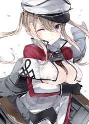 Rule 34 | 10s, 1girl, ;), anchor choker, bad id, bad twitter id, between breasts, black gloves, black ribbon, blonde hair, blue eyes, blush, breast hold, breasts, collar, cowboy shot, cross, female focus, gloves, graf zeppelin (kancolle), hair between eyes, hat, iron cross, kantai collection, kou mashiro, large breasts, long sleeves, looking at viewer, machinery, military, military uniform, necktie, necktie between breasts, one eye closed, open clothes, peaked cap, ribbon, short hair, simple background, smile, solo, uniform, wavy mouth, white background