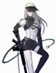 Rule 34 | 1boy, belt buckle, black sleeves, black thighhighs, blonde hair, buckle, chain, chest belt, detached sleeves, fate/grand order, fate (series), foot out of frame, highres, long hair, long sleeves, looking to the side, lv1na ura, male focus, official alternate costume, one-piece swimsuit, single thighhigh, smile, solo, standing, standing on one leg, sunglasses, tattoo, tezcatlipoca (fate), tezcatlipoca (summer break) (fate), thighhighs, toned, toned male, tribal tattoo, turtleneck, turtleneck one-piece swimsuit