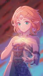 Rule 34 | 1girl, absurdres, armlet, artist name, bare shoulders, blurry, blurry background, braid, breasts, choker, circlet, collarbone, crown braid, dress, earrings, green eyes, hand on own chest, highres, jewelry, looking at viewer, medium breasts, nintendo, outstretched hand, parted bangs, parted lips, pointy ears, princess zelda, short hair, sidelocks, solo, strapless, strapless dress, teardrop facial mark, the legend of zelda, the legend of zelda: tears of the kingdom, upper body, x.x.d.x.c