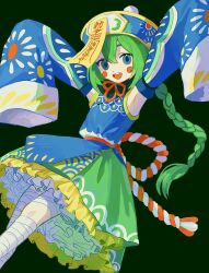 Rule 34 | 1girl, armpits, arms up, bandaid, bandaid on leg, blue dress, blue eyes, blue hat, blue sleeves, blush stickers, braid, commentary, detached sleeves, dress, dutch angle, feet out of frame, flat chest, floral print, frilled dress, frills, green background, green dress, green hair, hair between eyes, hat, highres, jiangshi, long hair, long sleeves, looking at viewer, nagomi ( nagomi ), ofuda, open mouth, original, outstretched arms, petticoat, print dress, print headwear, print sleeves, qingdai guanmao, rope, seigaiha, shimenawa, short dress, simple background, single braid, sleeveless, sleeveless dress, sleeves past fingers, sleeves past wrists, smile, solo, standing, two-tone dress, very long hair, wide sleeves