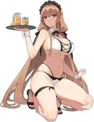 Rule 34 | 1girl, aiko (kanl), azur lane, bare shoulders, bikini, bow, bowtie, breasts, bridal garter, brown hair, cleavage, closed mouth, cross, cup, detached collar, drinking glass, full body, hair ornament, highleg, highleg bikini, highres, holding, kneeling, large breasts, long hair, looking at viewer, low-tied long hair, maid, maid bikini, maid headdress, mole, mole under mouth, multi-strapped bikini, navel, official alternate costume, official art, pitcher (container), red eyes, sandals, skindentation, solo, stomach, string bikini, swiftsure (azur lane), swiftsure (midsummer special service) (azur lane), swimsuit, thighs, transparent background, tray, two-tone bikini, unconventional maid, very long hair, wet, white bikini, wrist cuffs, x hair ornament