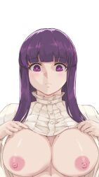 Rule 34 | 1girl, blunt bangs, breasts, capelet, closed mouth, fern (sousou no frieren), highres, large breasts, lifting own clothes, long hair, looking at viewer, nipples, purple eyes, purple hair, purple pupils, simple background, solo, sousou no frieren, straight hair, tyrone, upper body, white background, white capelet