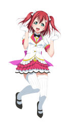 Rule 34 | 1girl, :d, aqua eyes, black footwear, black neckwear, blazer, bow, collared shirt, dress shirt, earrings, floating hair, full body, gloves, hair between eyes, hair bow, highres, jacket, jewelry, jumping, kurosawa ruby, layered skirt, long hair, looking at viewer, love live!, love live! sunshine!!, mary janes, miniskirt, mirai ticket, official style, open mouth, pleated skirt, red hair, red skirt, shirt, shoes, short sleeves, simple background, skirt, smile, solo, thighhighs, twintails, white background, white bow, white gloves, white jacket, white shirt, white thighhighs, wing collar, yu-ta