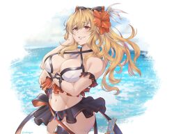 Rule 34 | 1girl, beach, bikini, breasts, cleavage, granblue fantasy, hand on own face, highres, isabongos, looking at viewer, midriff, navel, skirt, swimsuit, thighhighs, vira (granblue fantasy)