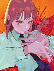 Rule 34 | 1girl, absurdres, arms up, black necktie, braid, chainsaw man, collared shirt, eyelashes, highres, long sleeves, looking at viewer, makima (chainsaw man), medium hair, necktie, patterned background, pink nails, red hair, ringed eyes, shirt, sidelocks, smile, sparkle, upper body, white shirt, yellow eyes, yooki (winter cakes)