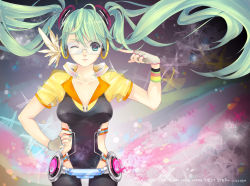 Rule 34 | 1girl, alternate costume, dalzzam, enphi, fingerless gloves, floating hair, glasses, gloves, green eyes, green hair, hatsune miku, hatsune miku (append), highres, long hair, matching hair/eyes, nail polish, one eye closed, solo, twintails, very long hair, vocaloid, vocaloid append, wink, wristband