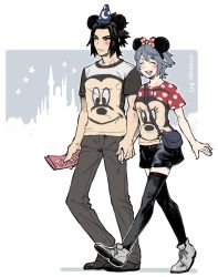 Rule 34 | 1boy, 1girl, animal ears, aqua (kingdom hearts), bad id, bad pixiv id, black shorts, black thighhighs, blue hair, blush, bow, brown hair, castle, casual, closed eyes, couple, disney, disneyland, embarrassed, fake animal ears, hair bow, hat, holding hands, isakawa megumi, kingdom hearts, kingdom hearts birth by sleep, mickey mouse, mickey mouse ears, mini hat, minnie mouse, open mouth, polka dot, polka dot bow, shoes, short hair, short shorts, shorts, smile, sneakers, spiked hair, terra (kingdom hearts), thighhighs, ticket, walking, wizard hat