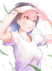 Rule 34 | 1girl, absurdres, blurry foreground, bracelet, brown eyes, brown hair, collarbone, floating hair, highres, jewelry, open mouth, original, oze (xyz go go11), shirt, short hair, short sleeves, simple background, solo, sweatdrop, upper body, watch, white background, white shirt, wristwatch