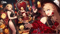 &gt;_&lt; 4girls absurdres azur_lane bare_shoulders black_dress blonde_hair blue_eyes braid breasts cleavage cross cross_necklace crossed_legs dress duke_of_york_(azur_lane) duke_of_york_(eternal_night&#039;s_carola)_(azur_lane) eyeliner fishnet_thighhighs fishnets ghost hair_ornament hairclip halloween highres howe_(azur_lane) howe_(noble_rouge)_(azur_lane) indoors jewelry king_george_v_(azur_lane) king_george_v_(rose&#039;s_regalia)_(azur_lane) large_breasts logo makeup manjuu_(azur_lane) multiple_girls nakanishi_tatsuya necklace official_alternate_costume official_art open_mouth pointy_ears prince_of_wales_(a_knight&#039;s_song_a_lady&#039;s_night)_(azur_lane) prince_of_wales_(azur_lane) pumpkin red_eyeliner red_eyes red_hair side_slit sitting skull swept_bangs table thighhighs