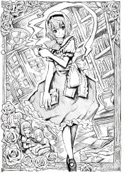 Rule 34 | 1girl, absurdres, alice margatroid, book, doll, dress, female focus, flower, greyscale, grimoire, grimoire of alice, highres, indoors, monochrome, nobita (makoto7060355), plant, short hair, solo, touhou, traditional media