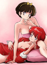 Rule 34 | 2girls, absurdres, black hair, bottomless, bra, breasts, brown eyes, cleavage, hairband, highres, large breasts, lying on lap, multiple girls, pillow, pink eyes, ranma-chan, ranma 1/2, red hair, tendou akane, unbuttoned, unbuttoned shirt, underwear