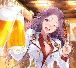Rule 34 | 10s, 1girl, beer mug, blazer, blush, bouncing breasts, breasts, cleavage, cup, food, jacket, jun&#039;you (kancolle), kantai collection, large breasts, long hair, long sleeves, mug, one eye closed, open mouth, pov, pov hands, purple eyes, purple hair, smile, sparkling eyes, tsukino wagamo, upper body, very long hair, wink