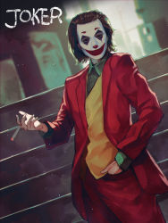 Rule 34 | 1boy, absurdres, aito, arthur fleck, batman (series), character name, cigarette, commentary request, copyright name, dc comics, facepaint, green hair, green shirt, highres, holding, holding cigarette, jacket, joker (2019), long sleeves, looking at viewer, male focus, pants, red jacket, red pants, red suit, shirt, short hair, smile, solo, suit, the joker