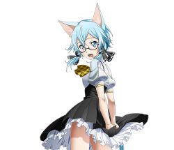 Rule 34 | 1girl, animal ears, arms behind back, black-framed eyewear, black ribbon, black skirt, blue eyes, blue hair, cat ears, cat tail, cowboy shot, from behind, hair between eyes, hair ribbon, high-waist skirt, looking at viewer, looking back, open mouth, ribbon, shirt, short hair with long locks, short sleeves, sidelocks, sinon (sao-alo), skirt, solo, standing, sword art online, tail, transparent background, white shirt