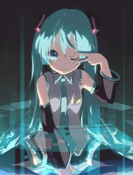 Rule 34 | 1girl, aqua hair, bare shoulders, blue eyes, detached sleeves, hatsune miku, headset, long hair, necktie, ogipote, skirt, smile, solo, twintails, v over eye, vocaloid, wink