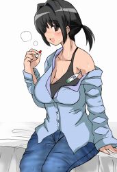 Rule 34 | 1girl, bad id, bad pixiv id, black hair, blouse, blush, breasts, breath, brown eyes, cleavage, denim, digital thermometer, drugs, jeans, loose clothes, open mouth, original, pants, pill, ponytail, shirt, sitting, smile, solo, sweat, tank top, thermometer, uokaiza