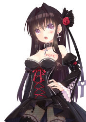 Rule 34 | 1girl, bad id, bad pixiv id, black hair, blush, bra, breasts, choker, corset, cross, detached sleeves, earrings, flower, garter straps, hair flower, hair ornament, hand on own hip, heart, heart-shaped pupils, highres, jewelry, long hair, mvv, necklace, open mouth, original, panties, purple eyes, rancy, simple background, solo, symbol-shaped pupils, tattoo, underwear, white background