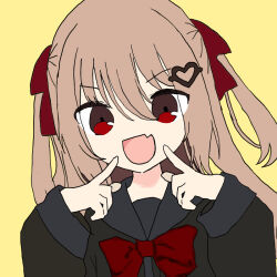 Rule 34 | black shirt, bow, brown hair, evil neuro-sama, heart, indie virtual youtuber, looking at viewer, non-web source, open mouth, red bow, red eyes, sailor collar, school uniform, shirt, source request, twintails